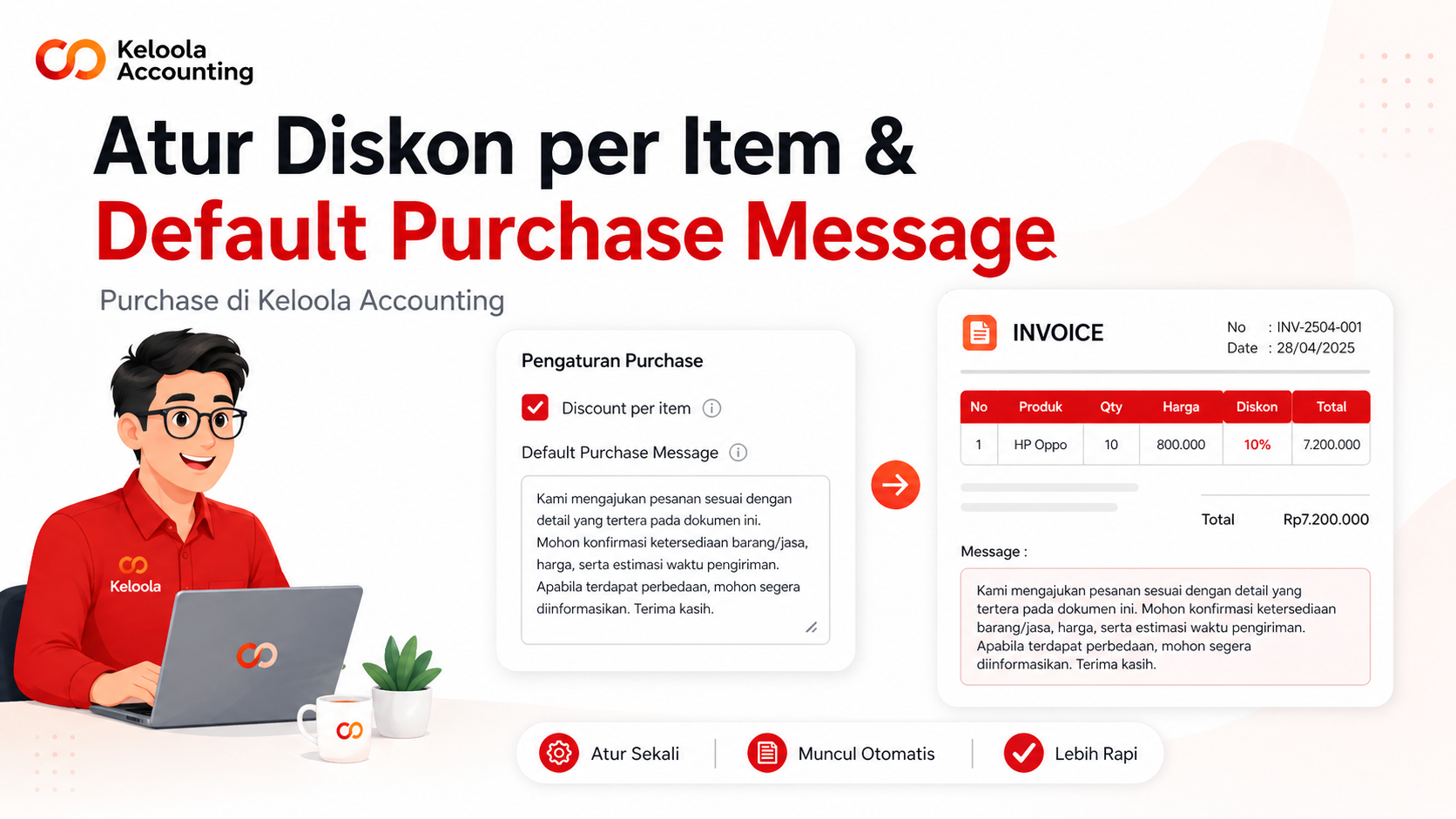 Pengaturan Diskon per Item dan Default Purchase Message pada Purchase di Keloola Accounting